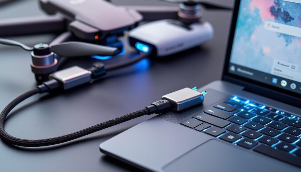 découvrez notre câble de données renforcé, conçu pour connecter en toute sécurité les accessoires de votre drone professionnel à votre ordinateur, assurant une transmission fiable et rapide.